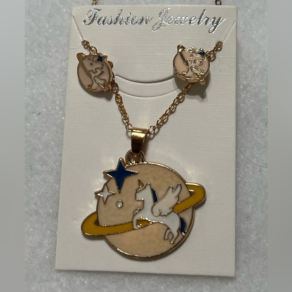 Gold and Blue Unicorn Pendant Necklace